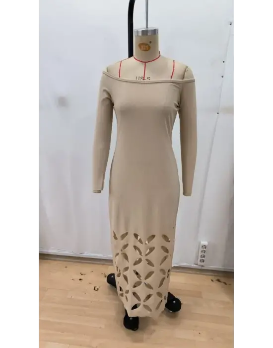 Kadın Madonna Yaka Uzun Kollu Lazer çiçek Kesim Detaylı Uzun Ithal Krep Elbise