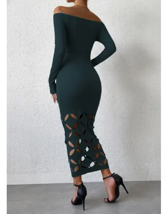 Kadın Madonna Yaka Uzun Kollu Lazer çiçek Kesim Detaylı Uzun Ithal Krep Elbise