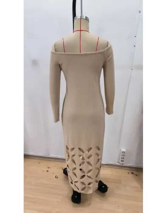 Kadın Madonna Yaka Uzun Kollu Lazer çiçek Kesim Detaylı Uzun Ithal Krep Elbise