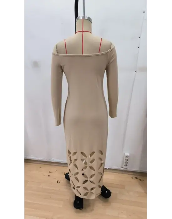 Kadın Madonna Yaka Uzun Kollu Lazer çiçek Kesim Detaylı Uzun Ithal Krep Elbise