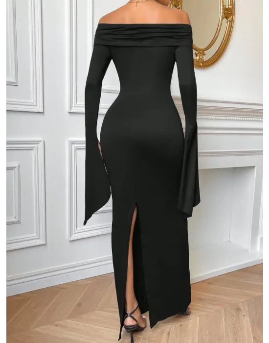 Kadın Madonna Yaka Uzun Yırtmaç Kol Detaylı Uzun Ithal Krep Elbise