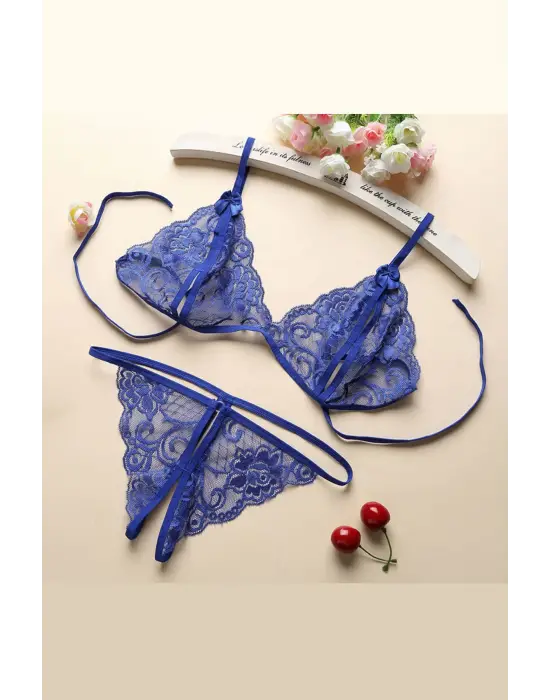Omarı Mavi Dantel Sütyen Külot Seti