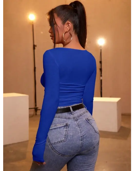 Kadın Mavi Kaşkorse Kumaş Bluz