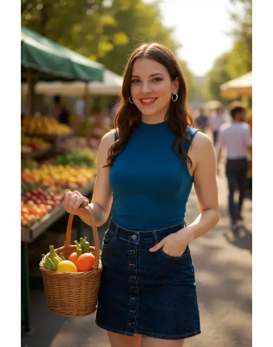 Kadın Mavi Kolsuz Balıkçı Yaka Basic Bluz