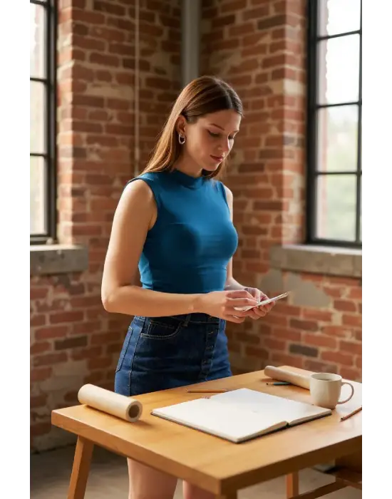 Kadın Mavi Kolsuz Balıkçı Yaka Basic Bluz