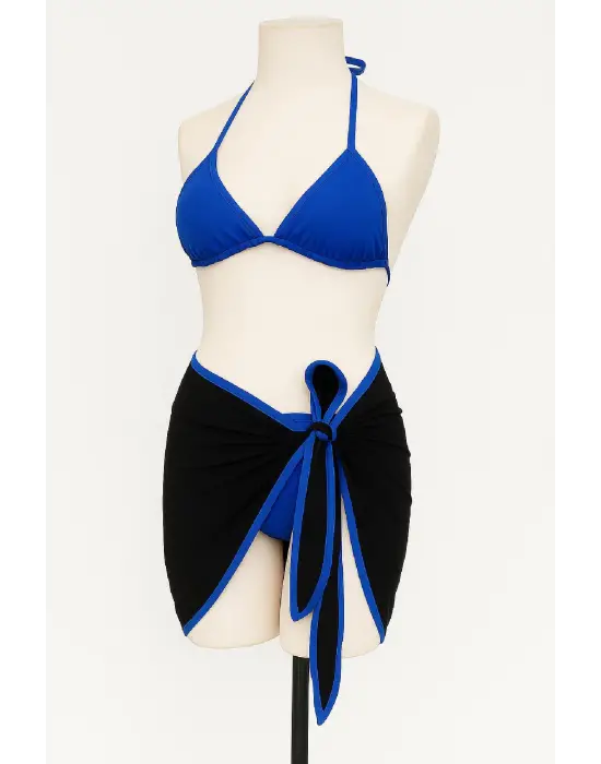 Omarı Mavi Pareolu Yandan Bağlamalı Bikini Seti