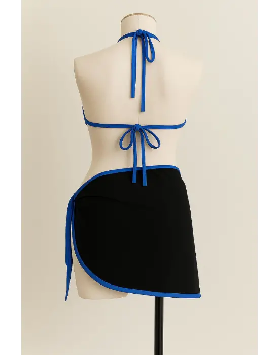 Omarı Mavi Pareolu Yandan Bağlamalı Bikini Seti