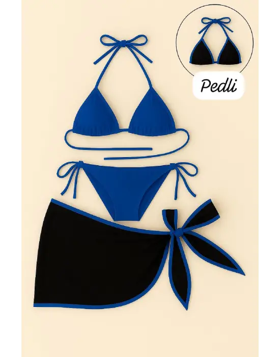 Omarı Mavi Pareolu Yandan Bağlamalı Bikini Seti