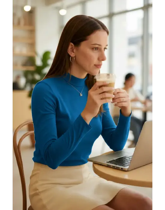 Kadın Mavi Parmak Detaylı Esnek Uzun Kollu Body