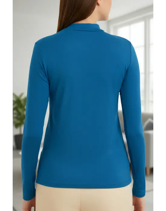 Kadın Mavi Parmak Detaylı Esnek Uzun Kollu Body