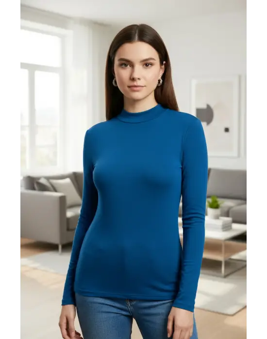 Kadın Mavi Parmak Detaylı Esnek Uzun Kollu Body