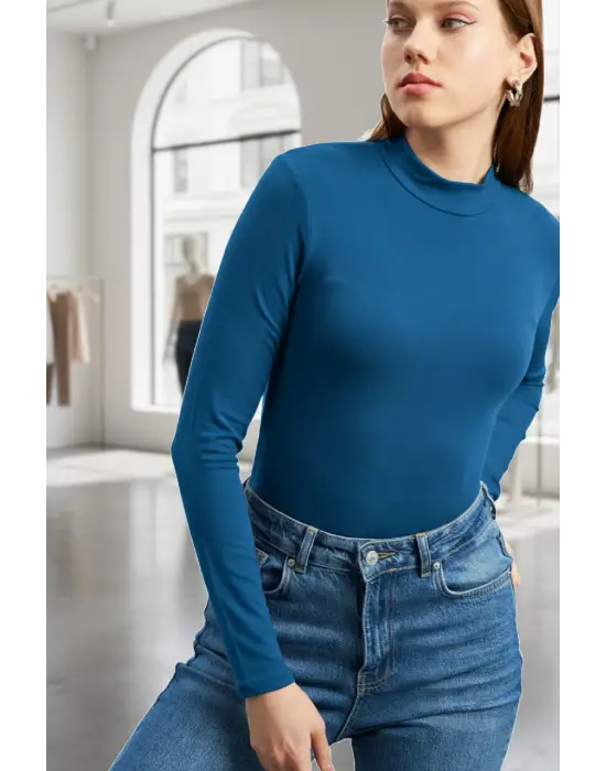 Kadın Mavi Parmak Detaylı Esnek Uzun Kollu Body