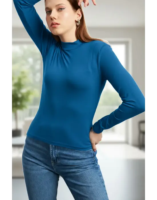 Kadın Mavi Parmak Detaylı Esnek Uzun Kollu Body
