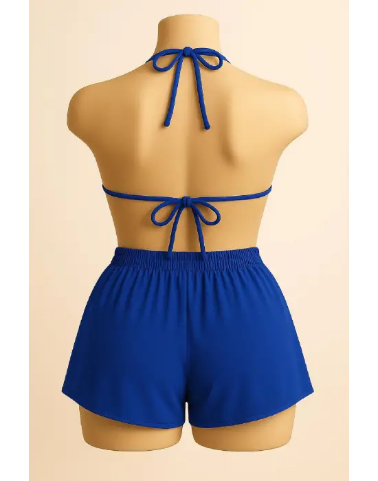 Omarı Mavi Şortlu Bağlamalı Bikini Takımı