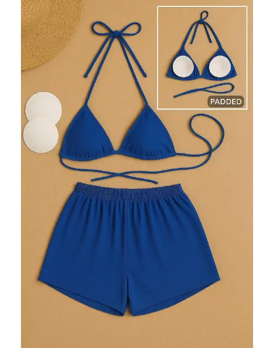 Omarı Mavi Şortlu Bağlamalı Bikini Takımı