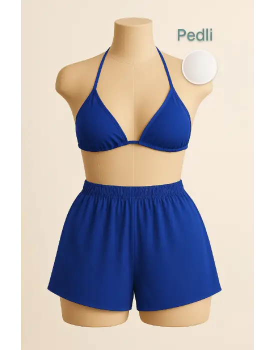 Omarı Mavi Şortlu Bağlamalı Bikini Takımı