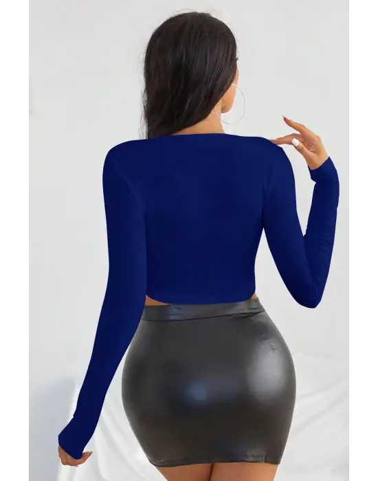 Omarı Mavi Uzun Kol Kare Yaka Crop Top Bluz