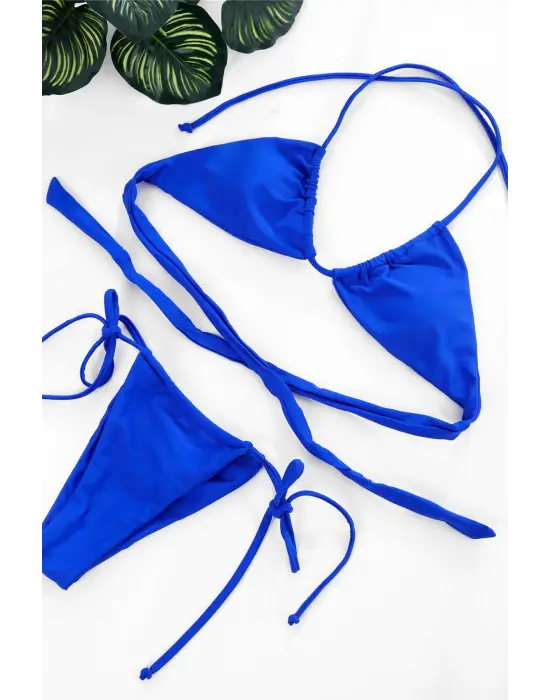 Omarı Mavi Yandan Bağlamalı Üçgen Bikini Mayo Seti
