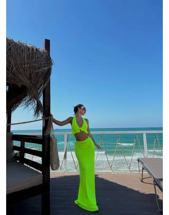 Kadın Mayo Kumaş Bağlamalı Crop Ve Maxi Boy Etek Ikili Takım