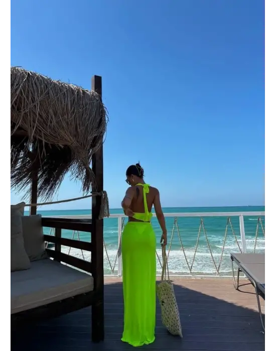 Kadın Mayo Kumaş Bağlamalı Crop Ve Maxi Boy Etek Ikili Takım