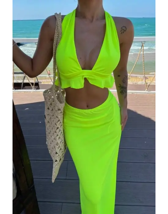 Kadın Mayo Kumaş Bağlamalı Crop Ve Maxi Boy Etek Ikili Takım