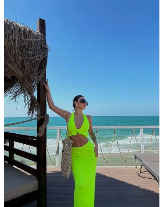 Omarı Etek Kumaş Bağlamalı Crop ve Maxi Boy İkili Takım