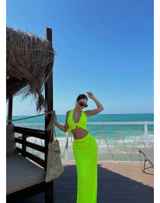 Kadın Mayo Kumaş Bağlamalı Crop Ve Maxi Boy Etek Ikili Takım