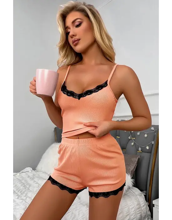 Omarı Dantel Detaylı Mercan Pembe Kadın Gecelik Takımı