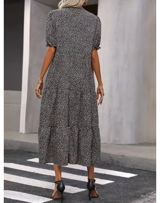 Kadın Mini Leopar Desen Midi üç Kat Elbise