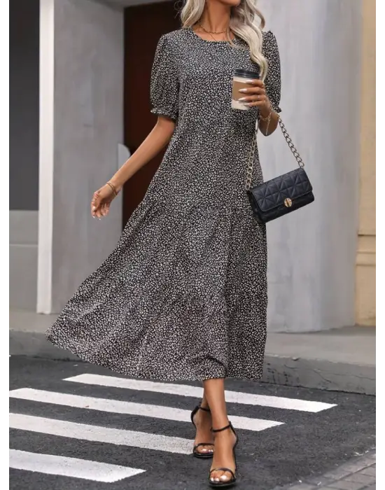 Kadın Mini Leopar Desen Midi üç Kat Elbise