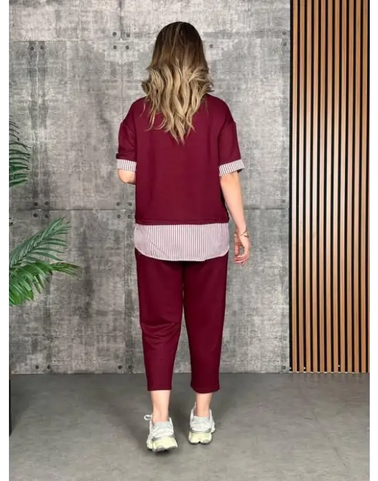 Kadın Modal Kumaş çizgili Gömlek Yaka Ikili Takım