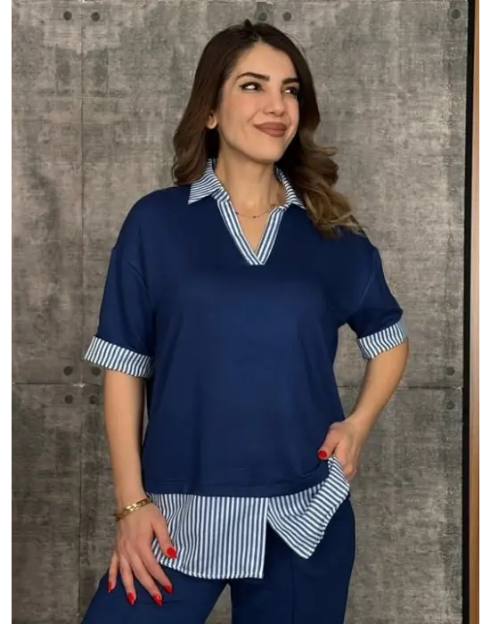 Kadın Modal Kumaş çizgili Gömlek Yaka Ikili Takım