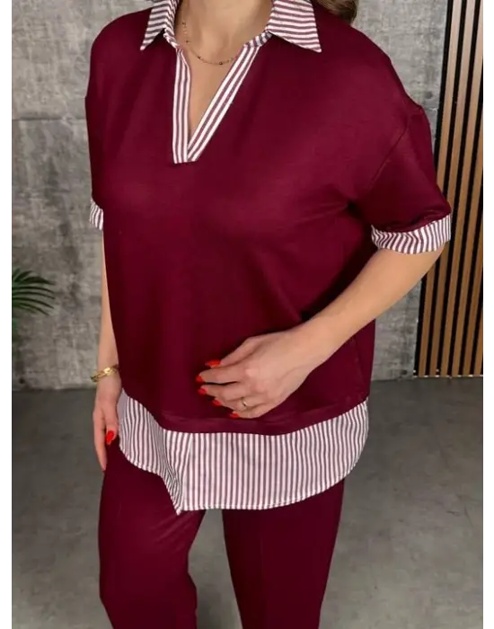 Kadın Modal Kumaş çizgili Gömlek Yaka Ikili Takım