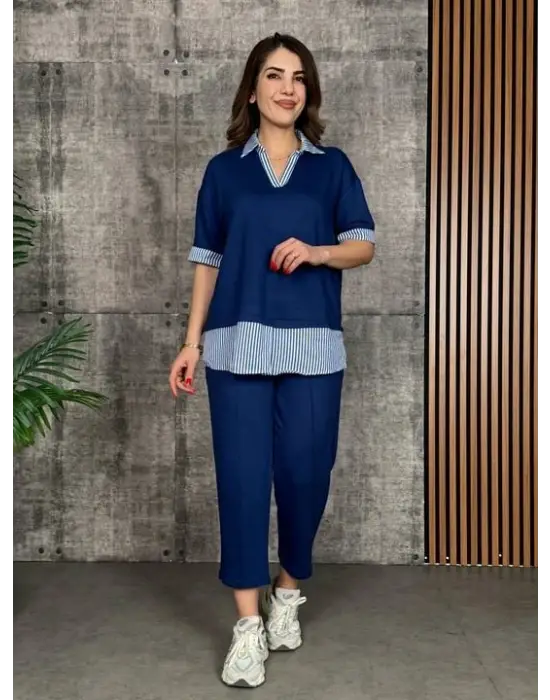 Kadın Modal Kumaş çizgili Gömlek Yaka Ikili Takım