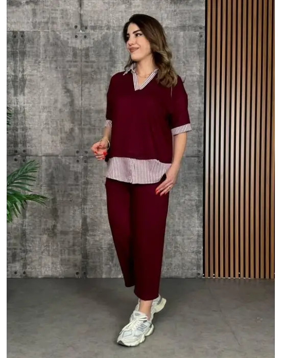 Kadın Modal Kumaş çizgili Gömlek Yaka Ikili Takım