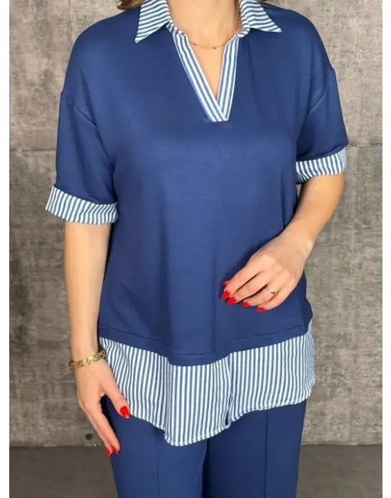 Kadın Modal Kumaş çizgili Gömlek Yaka Ikili Takım