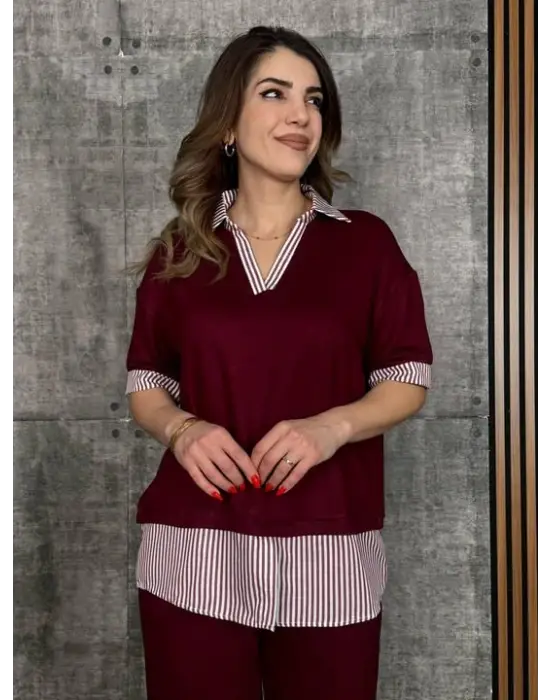 Kadın Modal Kumaş çizgili Gömlek Yaka Ikili Takım