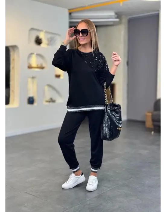 Kadın Modal Kumaş Payetli Sim Ve Ribanalı Detay Ikili Takım