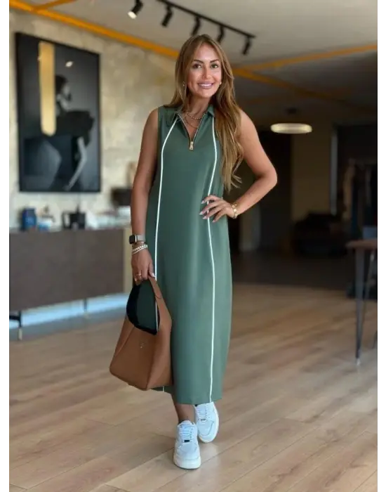 Kadın Modal Kumaş şerit Detaylı Fermuarlı Midi Elbise