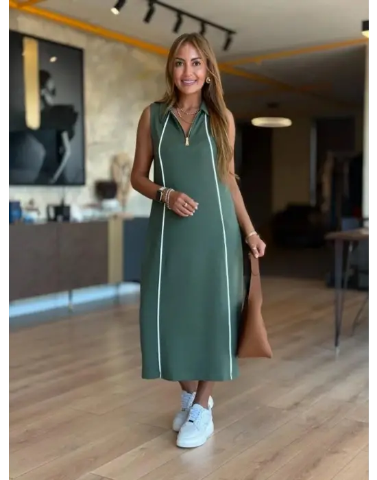 Kadın Modal Kumaş şerit Detaylı Fermuarlı Midi Elbise