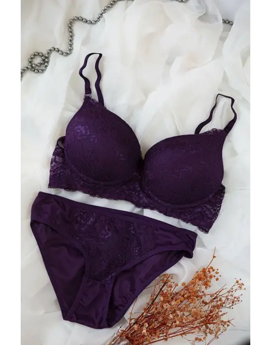Kadın Mor Dolgulu Dantel Sütyen Ve Külot Takım