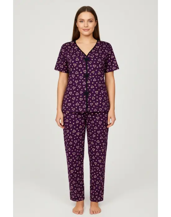 Kadın Mor Kalp Desenli Fiyonklu Kısa Kollu Uzun Pijama Takımı