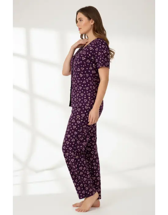 Kadın Mor Kalp Desenli Fiyonklu Kısa Kollu Uzun Pijama Takımı