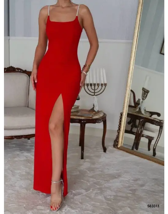 Omarı Derin Yırtmaç Detaylı Maxi Boy Elbise