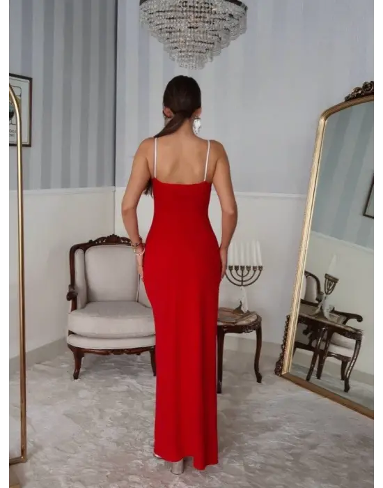 Omarı Derin Yırtmaç Detaylı Maxi Boy Elbise