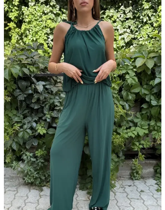 Kadın Omuz Askılı Döküm Detay Salaş Sandy Kumaş Tulum