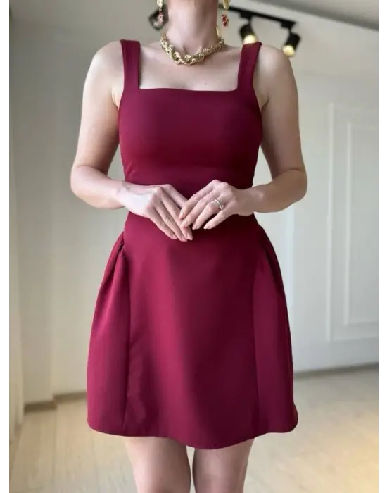 Kadın Omuz Askılı Kare Yaka Ithal Atlas Kumas Mini Elbise