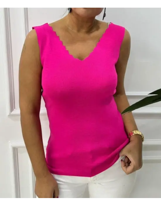 Kadın Omuz Askılı V Yaka Lazer Kesim Kaşkorse Kumaş Atlet