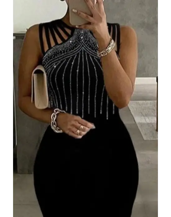 Omarı Taş Işlemeli Balık Kesim Maxi Elbise