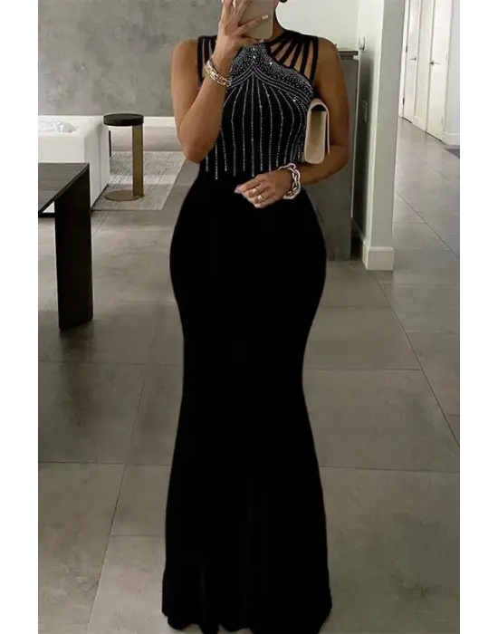 Kadın Omuz çoklu Askılı önü Taş Işlemeli Balık Kesim Janjan Krep Maxi Boy Elbise